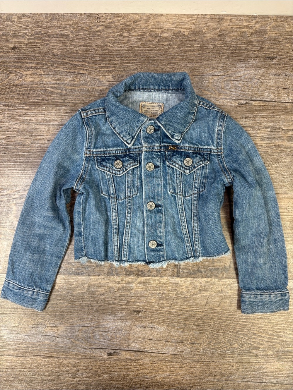 Polo Ralph Lauren Girls 4/4T Cropped Denim Jacket Big Logo Raw Hem